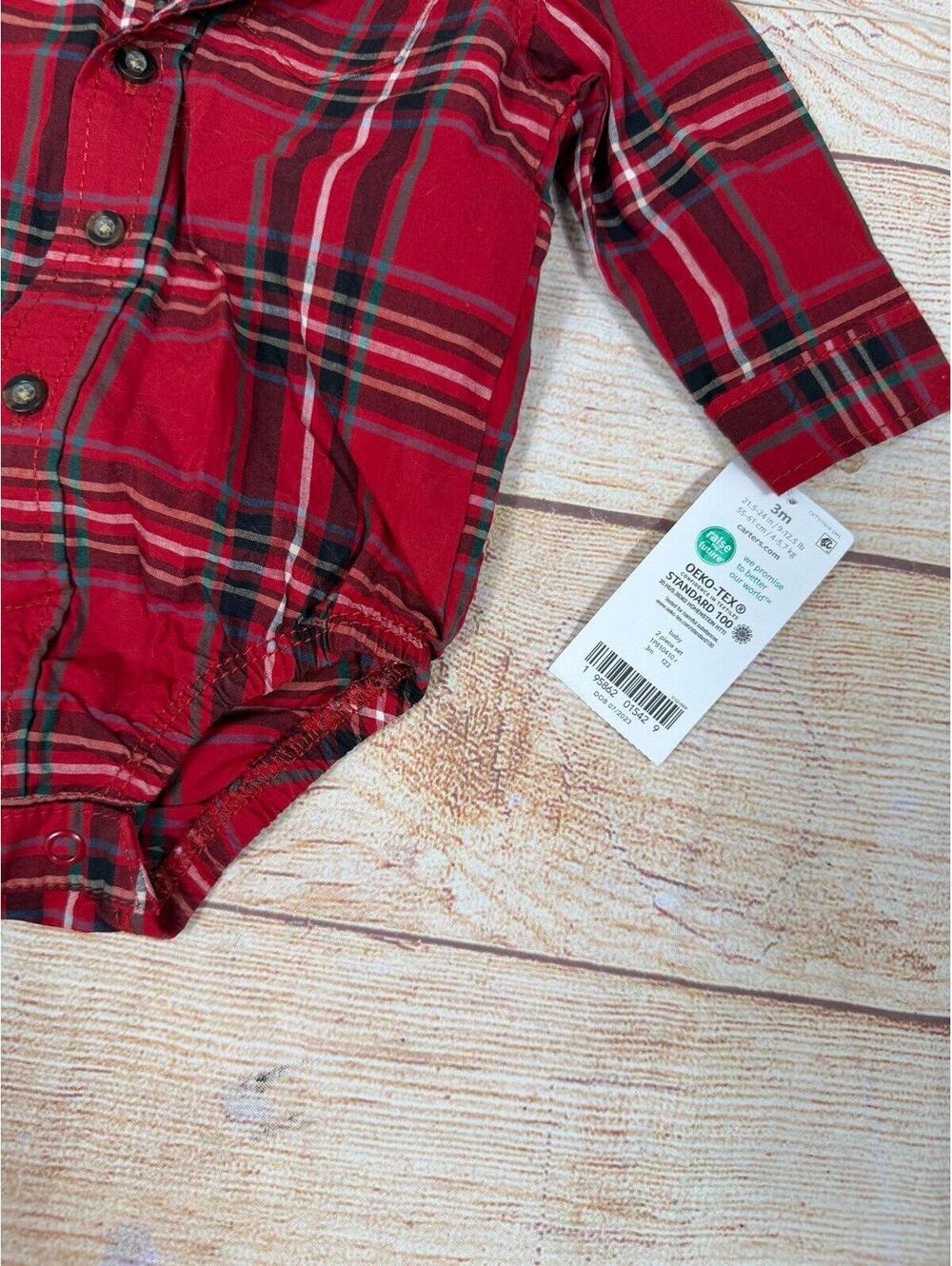 Carters 3 Month Red Plaid Bodysuit and Denim Pants Set with Suspenders NWT - Picture 3 of 6